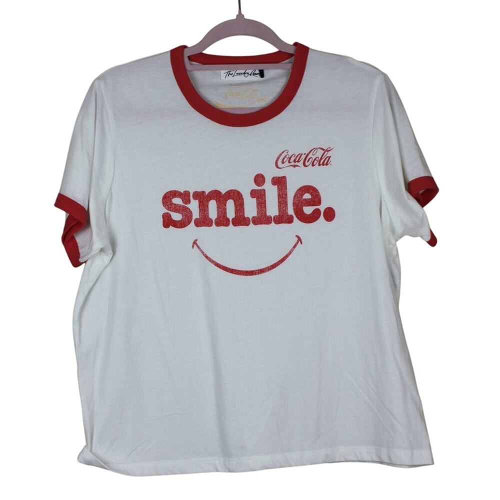 The Laundry Room White Red Coca Cola‎ Smile Graphic Casual Ringer Tee Shirt